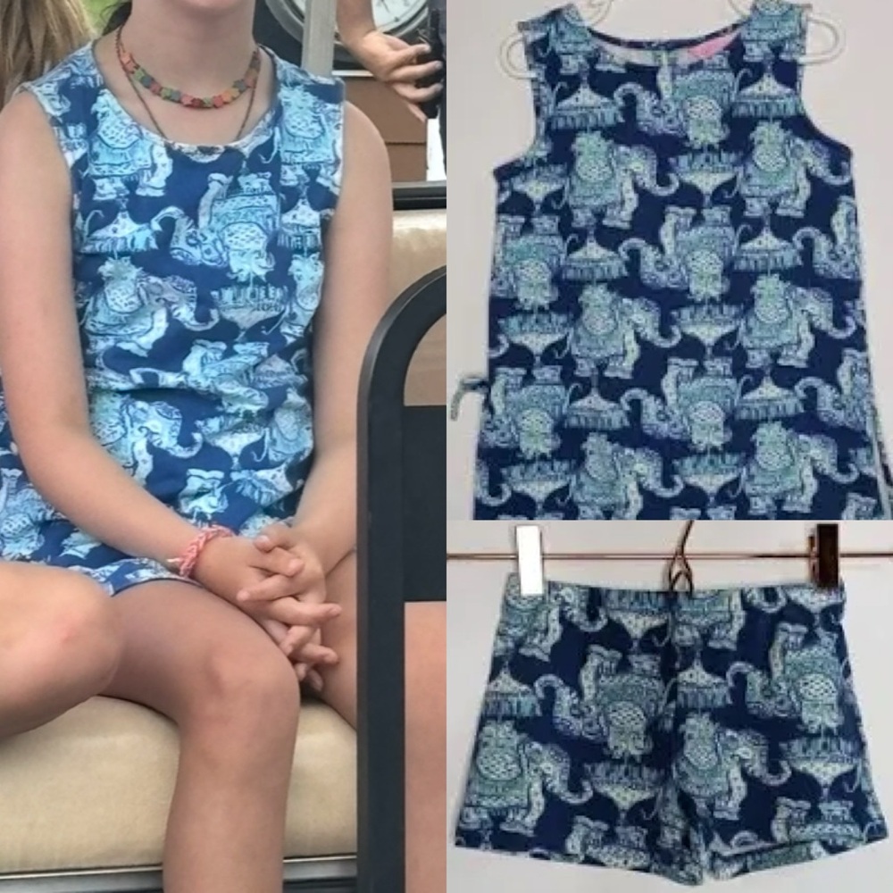 Lilly Pulitzer Mini Donna Elephant Print Kids Set in Blue and White